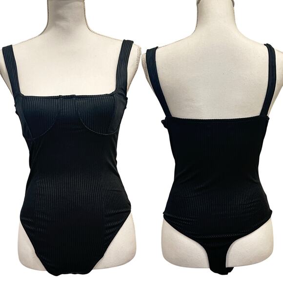 Capulet Black Ribbed Square Neck Bustier Sleeveless Thong Bodysuit Going Out Top - Picture 1 of 9
